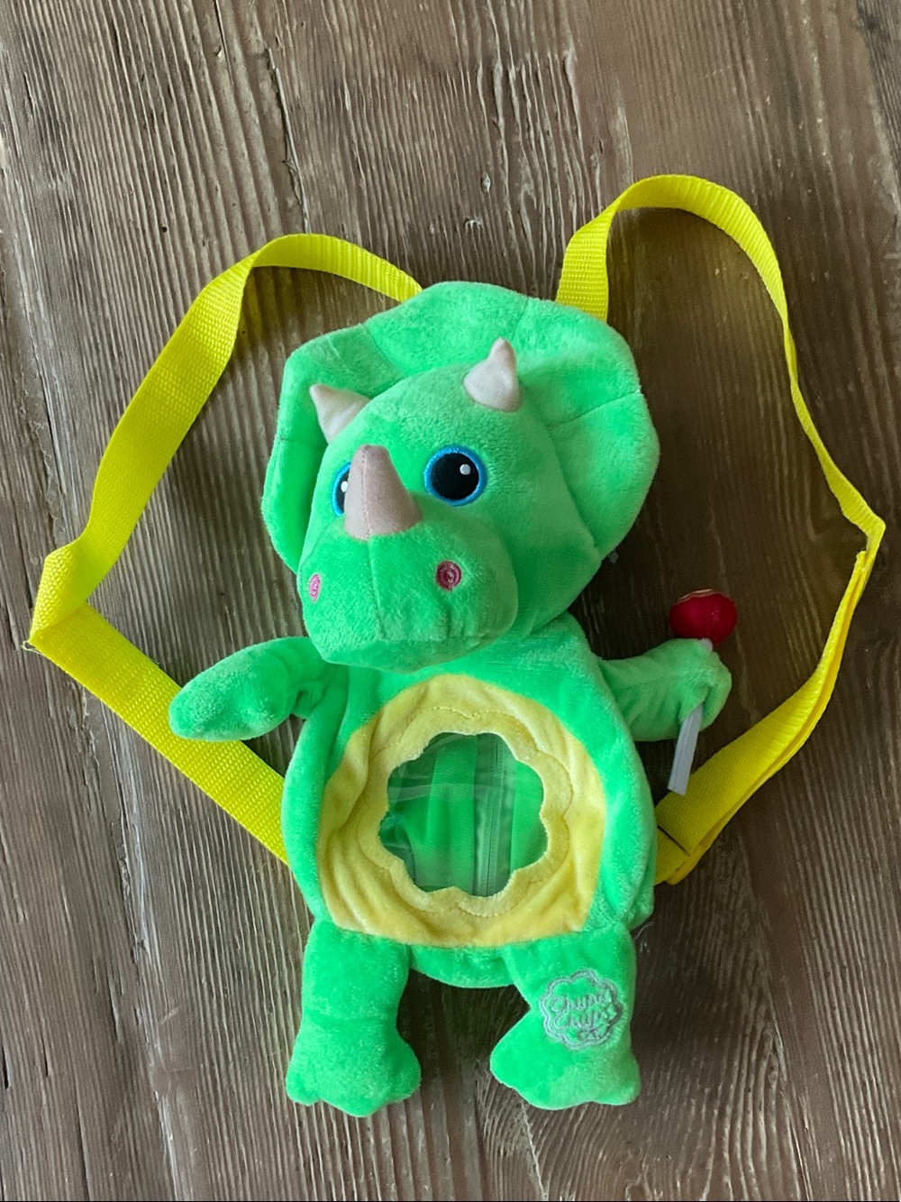 Chips Chups cool friends Green Triceratops Plush Backpack with Yellow Straps